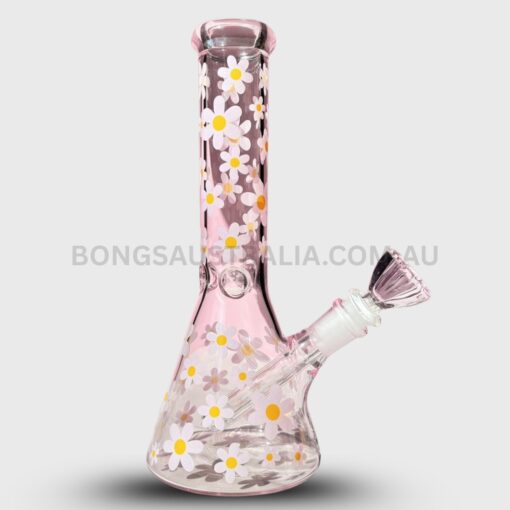 BILLY MATE Glow in the Dark Pink Daisy Design Beaker Glass Bong 25cm