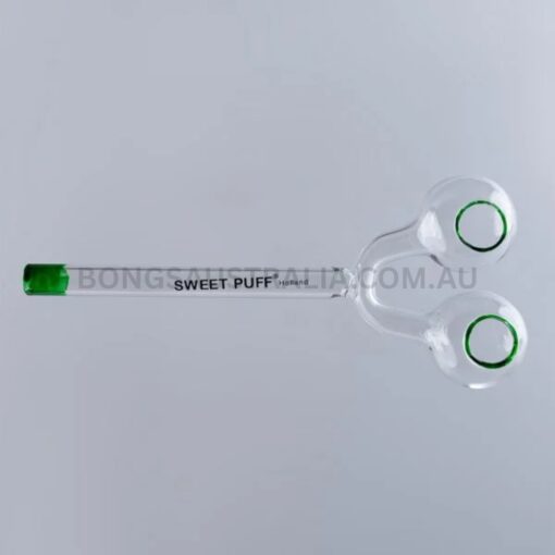 SWEET PUFF Holland Straight Twin Bowl Sweet Puff Glass Pipe Green Tip 15cm