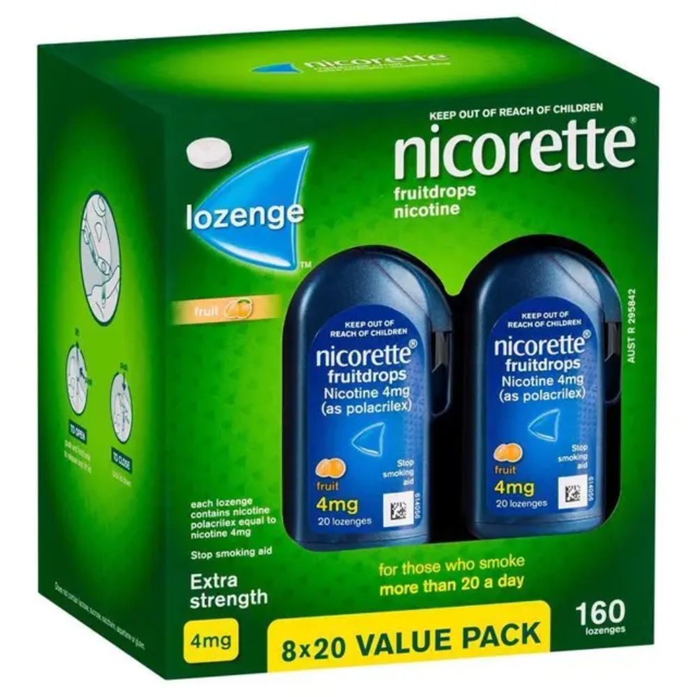 Nicorette Quit Smoking Extra Strength Nicotine Lozenge Fruitdrops 8 x 20 Pack Nicorette Quit Smoking Extra Strength Nicotine Lozenge Fruitdrops 8 x 20 Pack