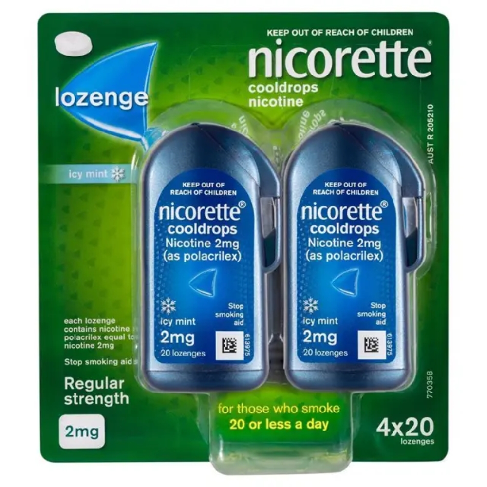 Nicorette Quit Smoking Regular Strength Cooldrops Nicotine Lozenge Icy Mint 4 x 20 Pack Nicorette Quit Smoking Regular Strength Cooldrops Nicotine Lozenge Icy Mint 4 x 20 Pack